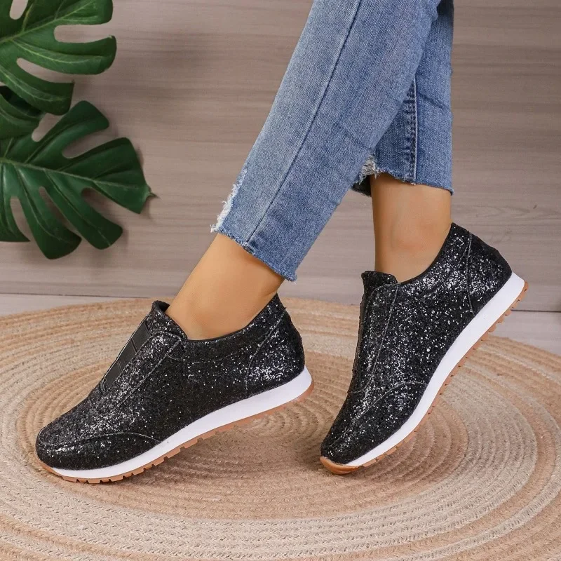 Women's lightweight sports shoes with sequin rhinestone elastic and casual thick soled fish mouth women's singles shoes