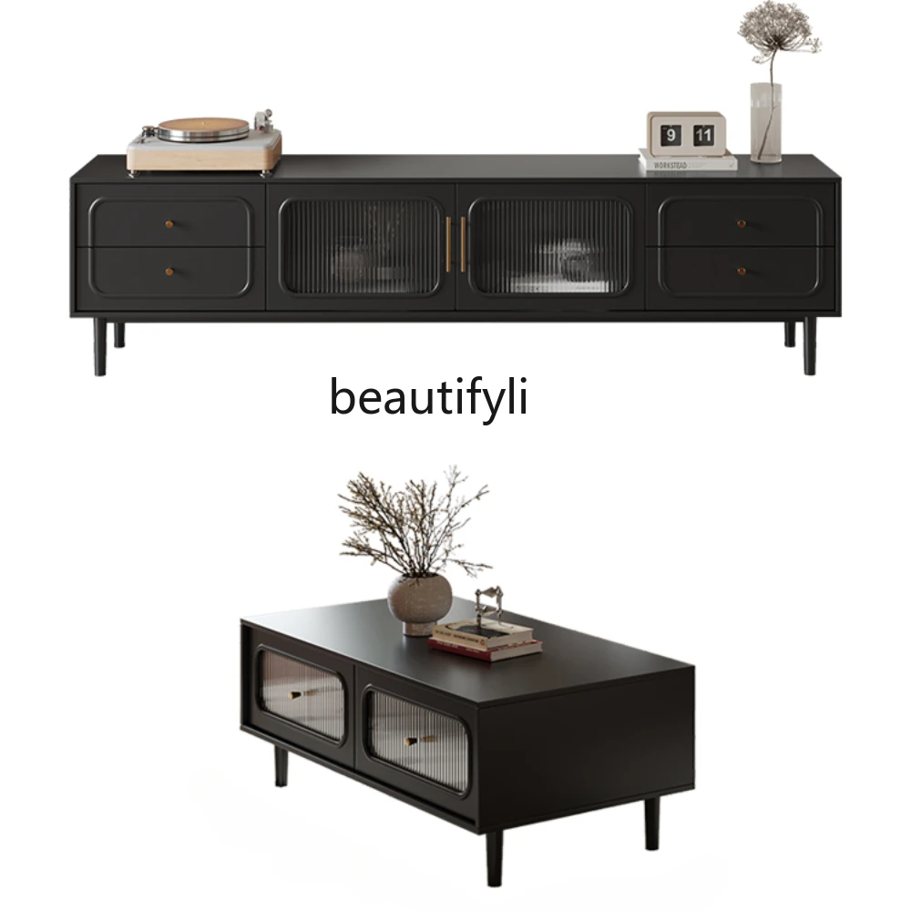 

French Retro TV Cabinet and Tea Table Combination Living Room Modern High-Grade Black Mid-Ancient TV Cabinet