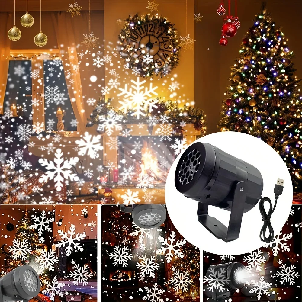USB LED Laser Snowflake Projector Christmas Projection Light Rotating Spotlight DJ Stage Light Xmas Holiday Party Light