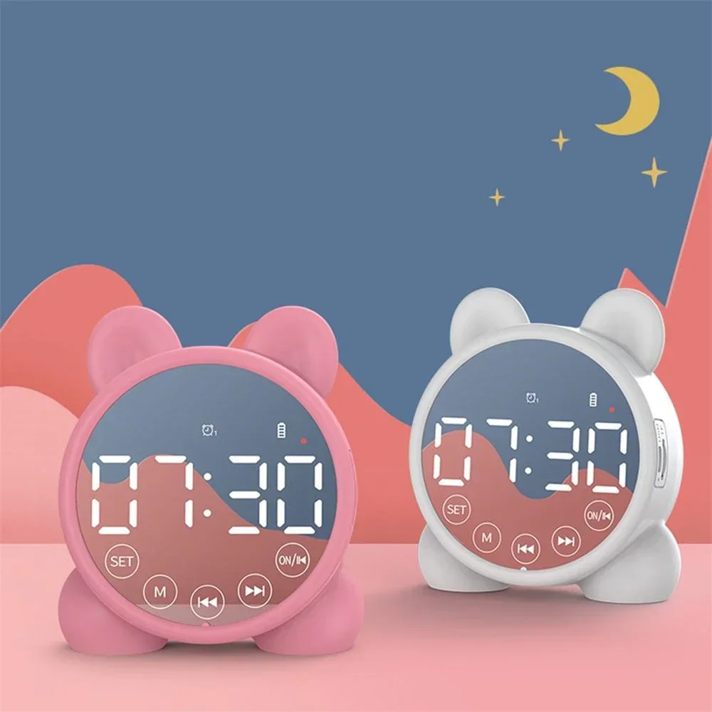 Children Bluetooth-Digital Display Table Wake-up compatible Speaker Alarm Clock Sleep Timer Kids Cute Bedside Alarm Clock LCD