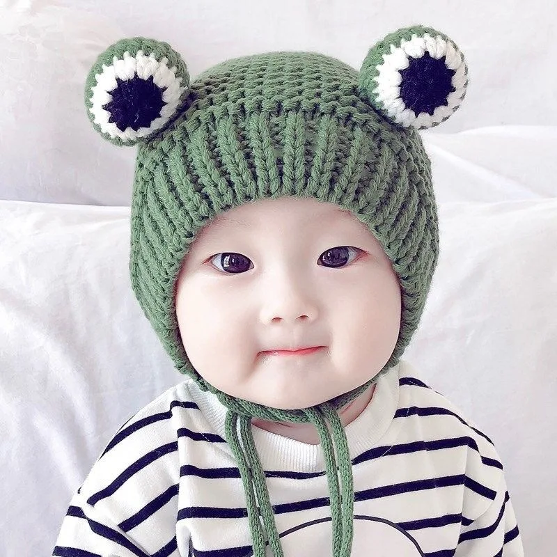 

Winter Autumn Knitted Cartoon Frog Hat With Deer Horns Crochet Baby Hat Girl Boy Children Beanie Infant Clothes Accessories