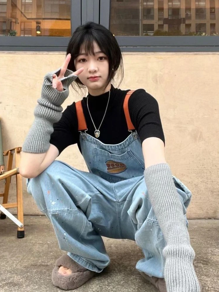 Spring Autumn New Washed Jean Jumpsuit Women Korean Loose Embroidery Splashed Ink Straight Denim Overalls Woman New