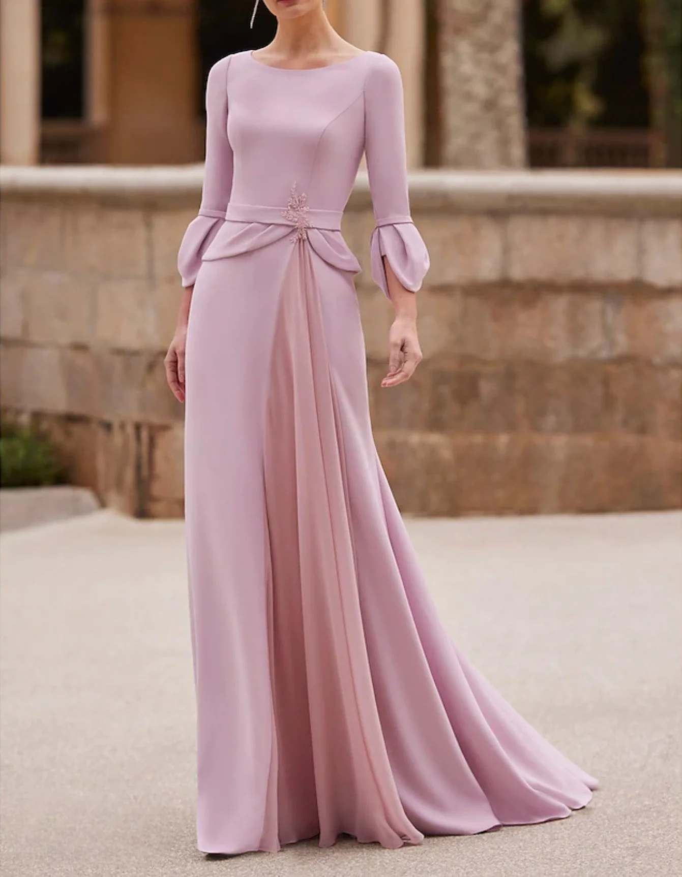 

Pink Mermaid / Trumpet Mother of the Bride Dress Elegant Floor Length Satin Crepe 3/4 Length Sleeve with Pleats Beading 2024