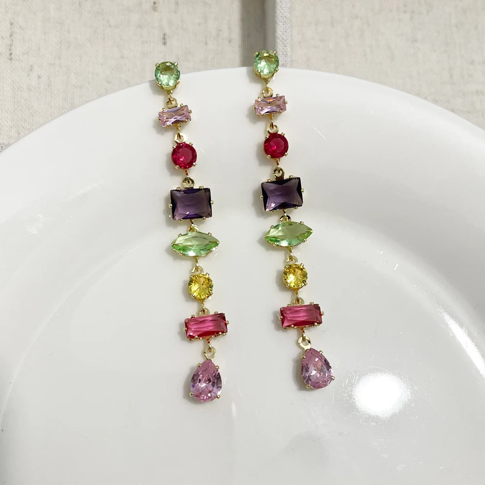 Luxus Regenbogen Kristall Baumeln Ohrringe für Frauen Hochzeit Schmuck Zubehör Wunderschöne Zirkonia Braut Brincos – Detail 3