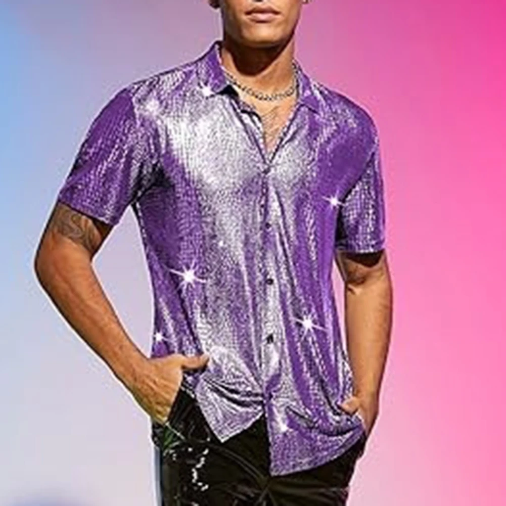 

Male Tops Men Shirt Shiny Party Performance Short Sleeve Solid Color Summer Turn-down Collar Disco Stage Shirt Comfy