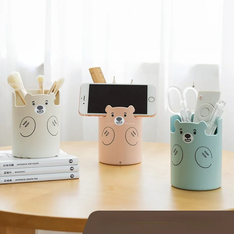Phone Holder Makeup Organizer Pen Holder Desk Organizer Pen and Brush Holder Brush Holder Multifunctional Pen Holder Kawaii Cartoon Bear Makeup Brush Holder Lovely Fashion Phone Student Stationery Pen Organizer