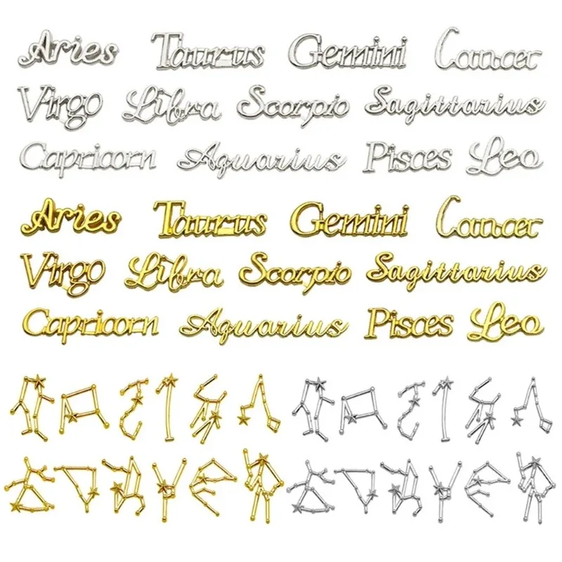 12-Sternzeichen-Alphabet-Symbol, Gold/Silber, Konstellation, Nagel-Charm, 3D-Legierung, flache Rückseite, DIY-Schmuck, Nagelzubehör – Detail 6