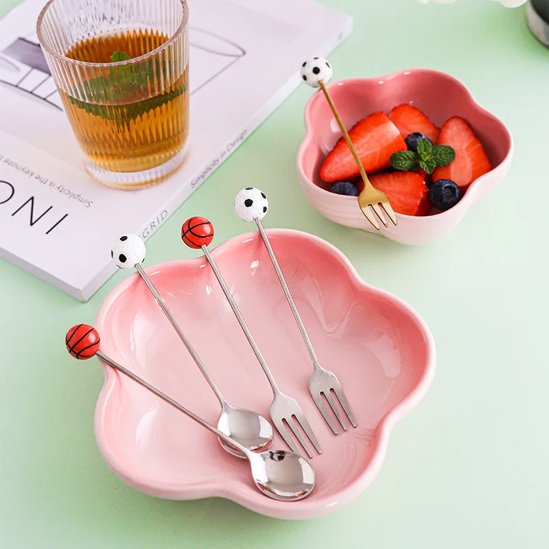 10Sets Creative Football Basketball Spoon Fork Stainless Steel 304 Fruit Fork Coffee Dessert Spoon Gift Box Set