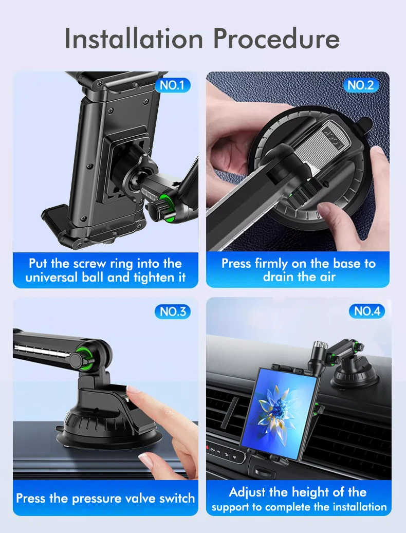 Auto-Tablet-/Faltbildschirm-Universal-Handyhalterung, 1260 Grad verstellbare Drehklemme, Bereich 4,7-9,7 Zoll – Detail 12