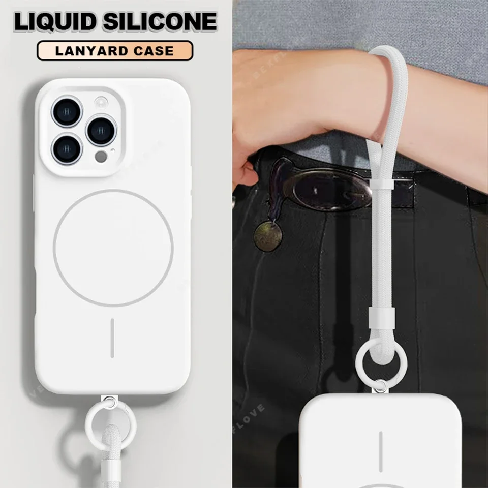 Magnetic Lanyard Phone Case with Wrist Strap and Liquid Silicone Protector Cover