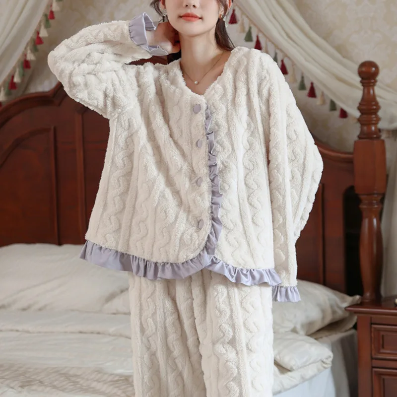

2pcs Pajama Set Women Flannel Fleece Warm Top Trouser Pajama Set Winter French Court Style Nightwear Autumn Pyjamas Home Clothes