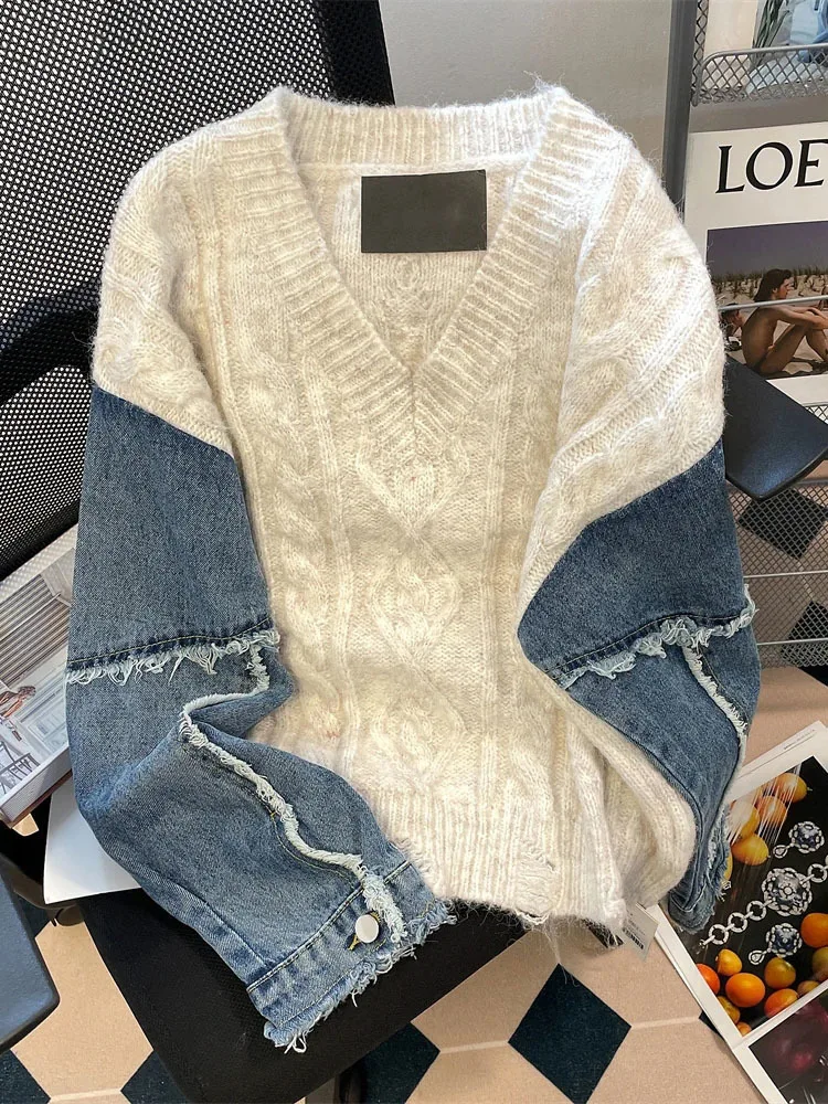 

NICEWOMEN Denim Patchwork Women's Long Sleeved Sweater Loose Size V-neck Pull Knit Winter 2023 Autumn Knit Before Female AH232