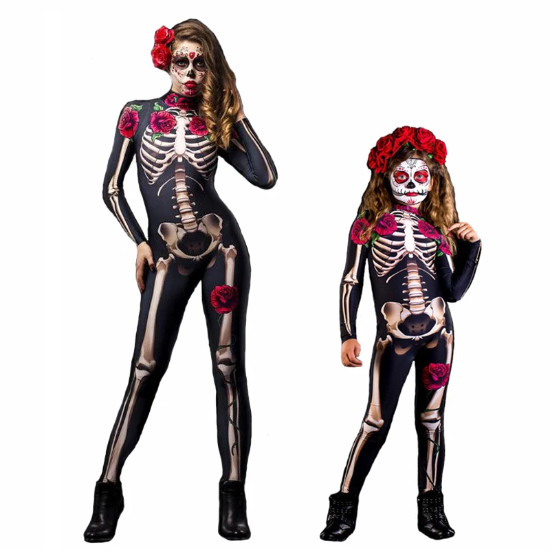 Adult Kids Scary Costume Rose Skeleton Cosplay Halloween Dress Sexy