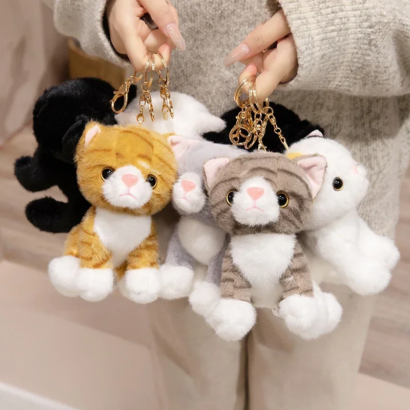 15cm Cute Simulated Sitting Cat Plush Keychain Soft Stuffed Animal White Black Kitten Pendant Doll Kids Birthday Gift