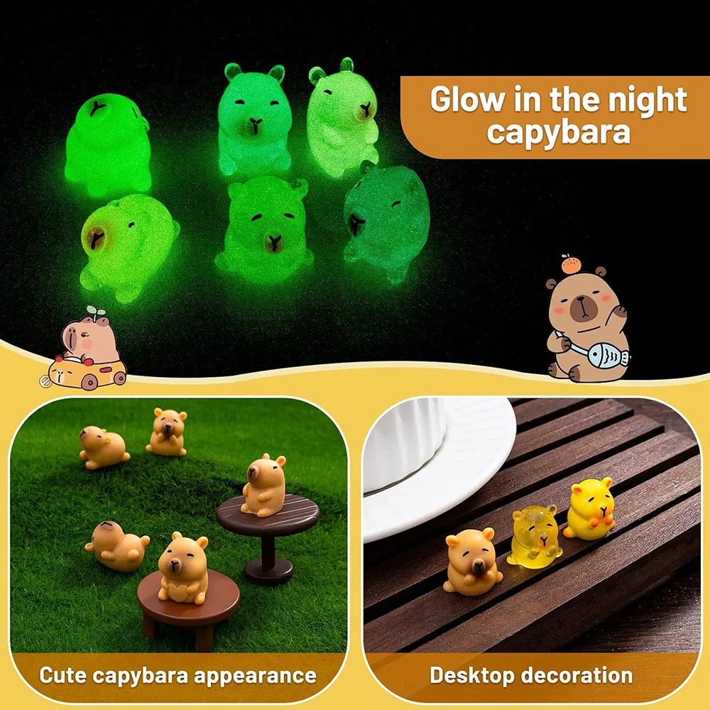 Miniature Figurines 18pcs Capybara Glow in The Dark Resin Figurines Luminous Mini Toy Gifts Desktop Tabletop Outdoor