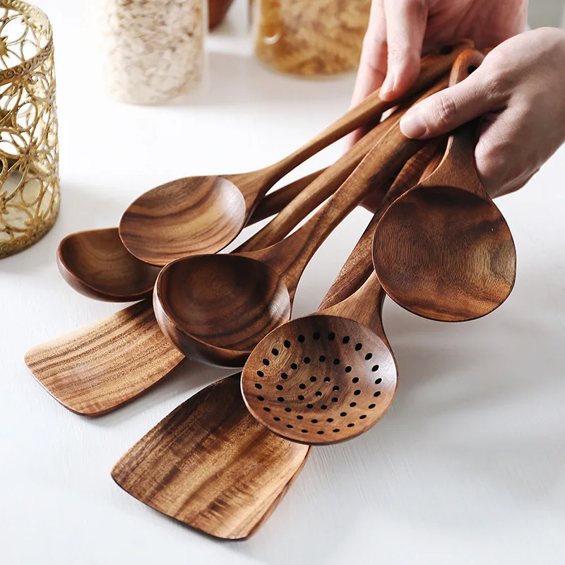 7 Cucharas De Madera Para Cocinar, Agarre Cómodo, De Madera De Teca