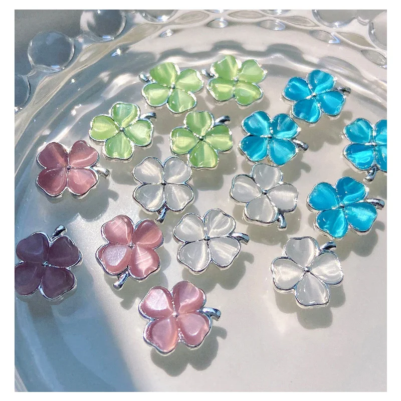 4Pcs 10*12mm 4Color Heart Four-Leaf Clover Glass Crystal Rhinestones On  Nails Flower Nail Charm Heart Parts For Nail Decoration