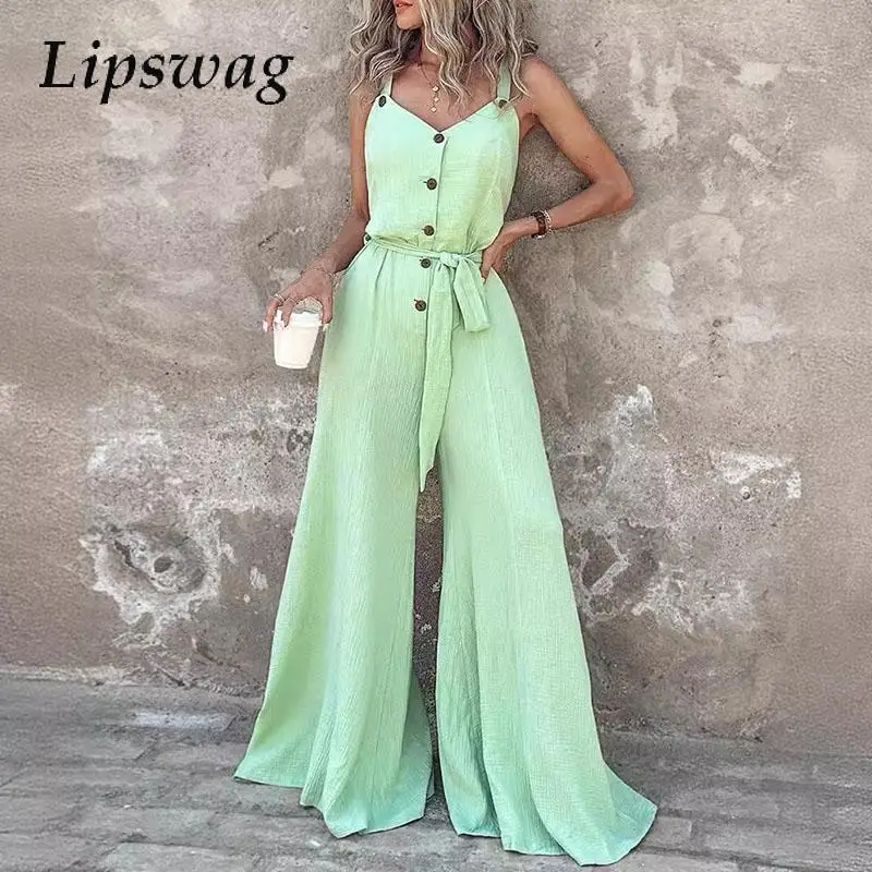 

Women 2024 Button Lace-up Pleated Overall Rompers Summer Sleeveless Tank Overalls Elegant Solid V Neck Wide-leg Pants Jumpsuit