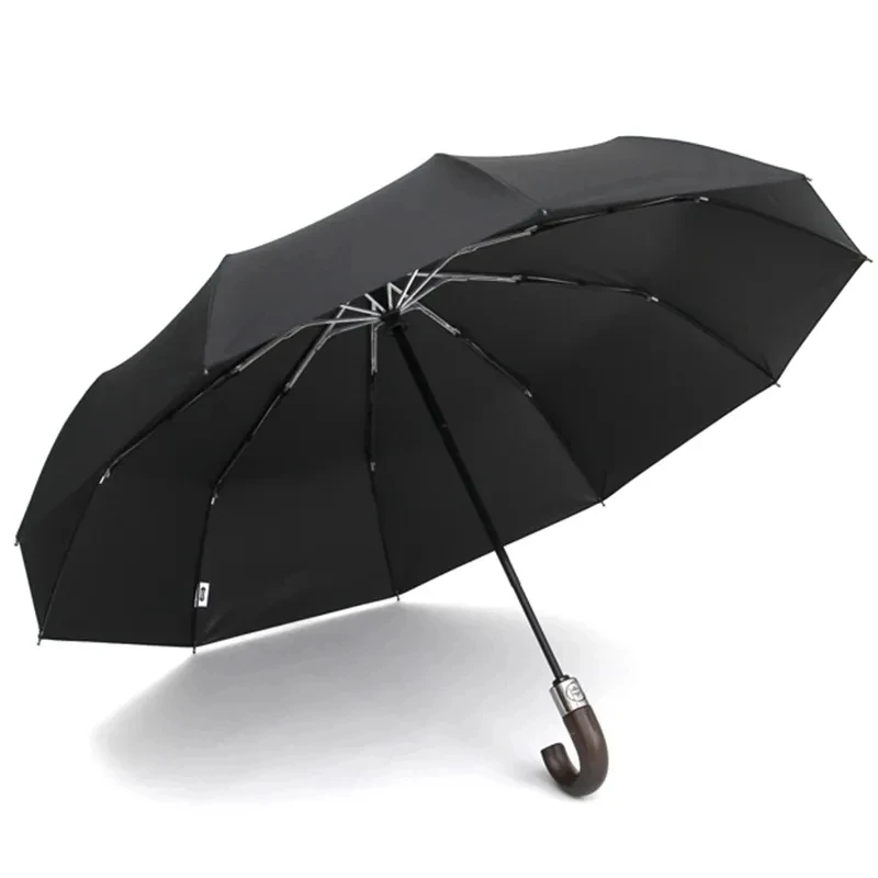 PARACHASE 10-rib wooden curved handl automatic folding umbrella rain wind resistant