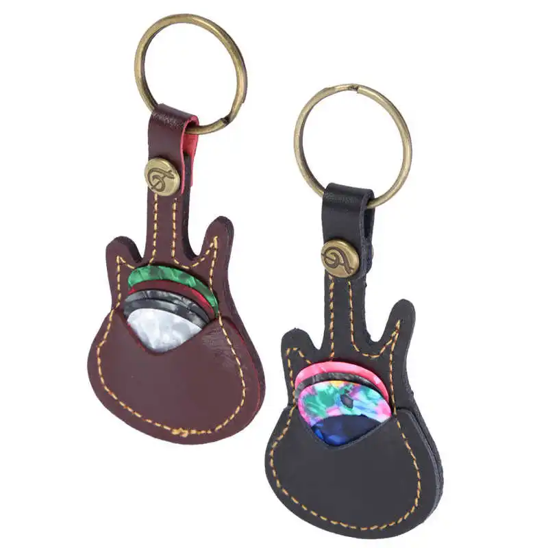 Leather Guitar Pick Bag Guitar Pick Holder Case Shape with Key Ring 5pcs Celluloid Picks String Instrument Accessories musical instruments accessories guitar parts