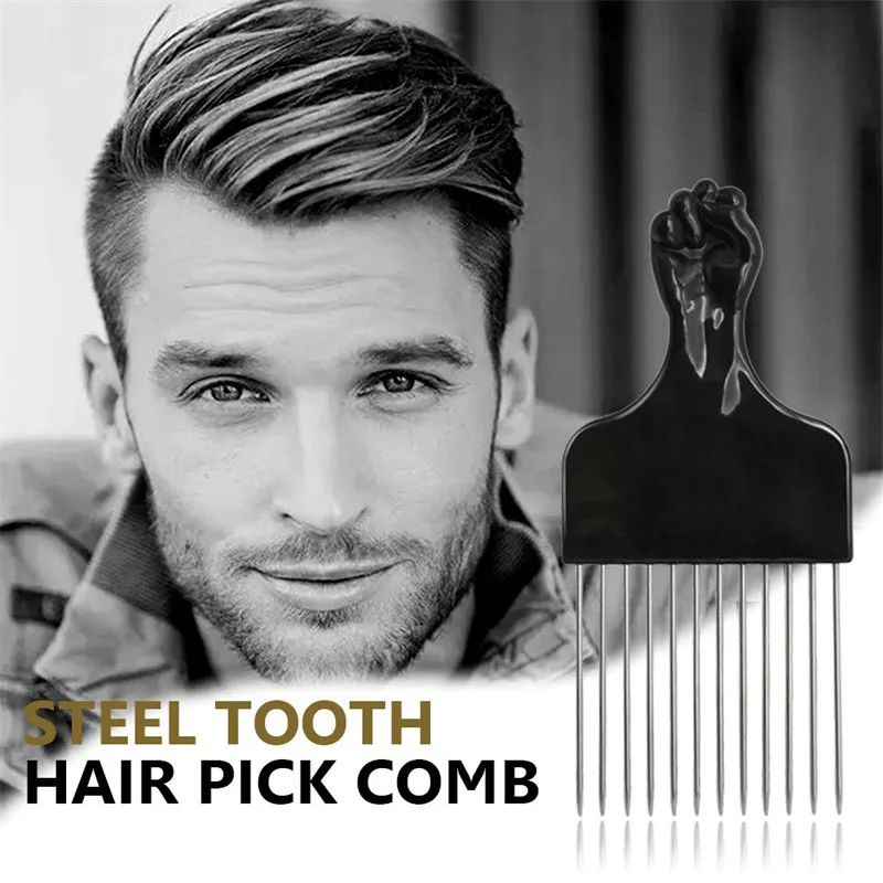 Professional Wide Teeth Fist Shape Black Handle Afro Pick Hair Comb Metal Salon Comb 6
