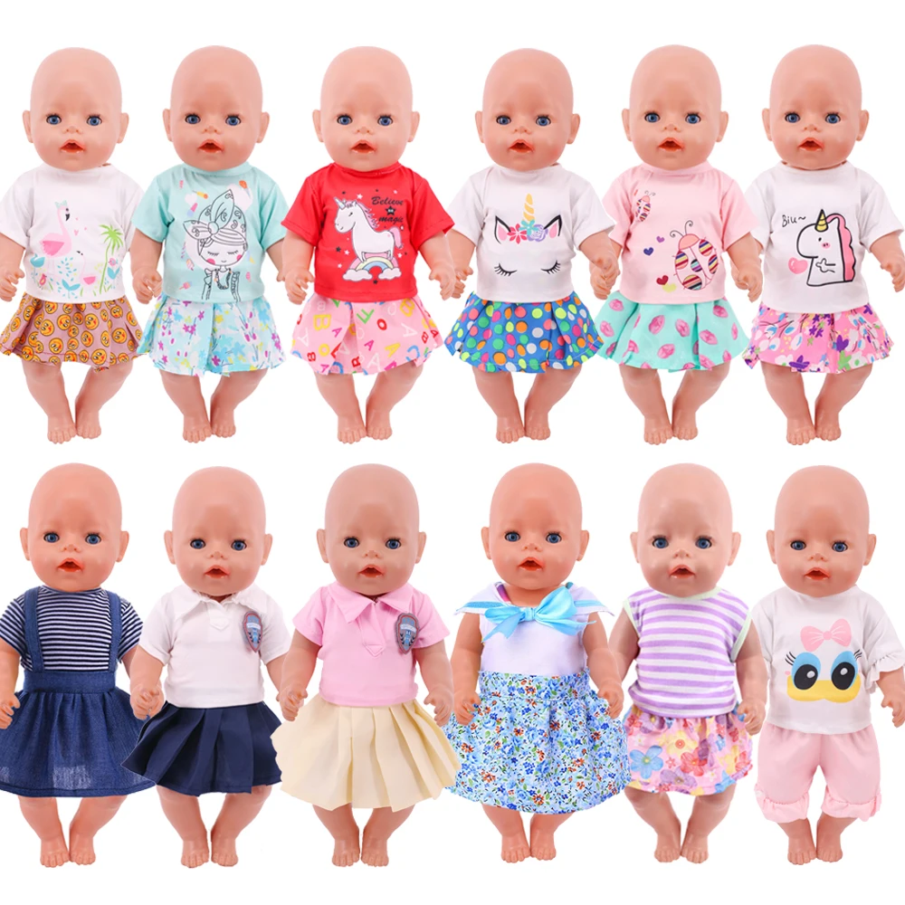 

Handmade 2PCS/Set=CottonT-shirt + Cute Floral Skirt For 18Inch Doll & 43cm Reborn Baby OGDoll Clothes Generation Denim Suspender