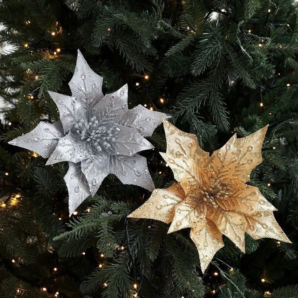 Artificial Poinsettia Flower Gold Red Glitter Christmas Decoration