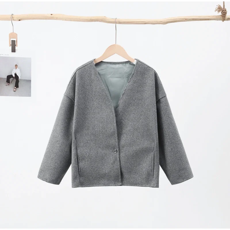 Vintage One Button Woolen Coat Women Gray Loose Long Sleeve V-neck Short Jacket Female Autumn Winter Casual Lady New in Outwears