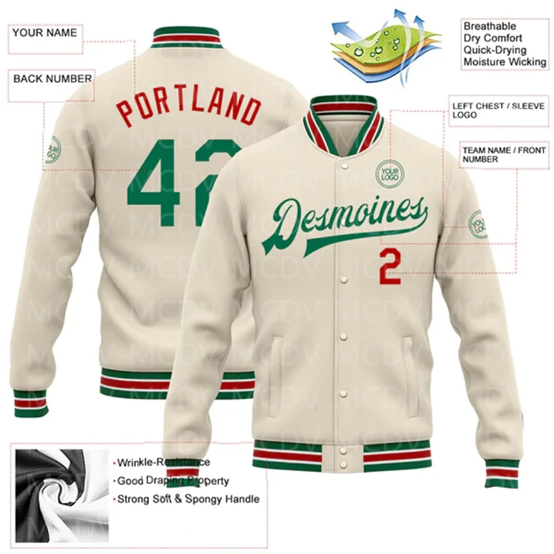 Custom Or Kelly Green-Red Bomber Full-Snap Varsity Letterman Jacket