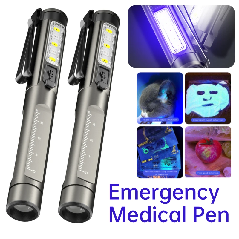 

Mini Led Flashlight USB Charging Torch Portable First Aid Clip Pen Light Yellow+White+UV Doctor Nurse Diagnosis Inspection Lamp