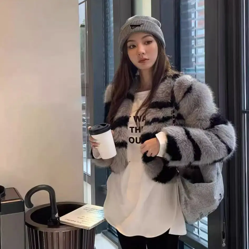 HIGH QUALITY Winter Zebra Striped V neck Short Faux Fur Coat Long Sleeve Warm Shaggy Jacket Loose Outwear