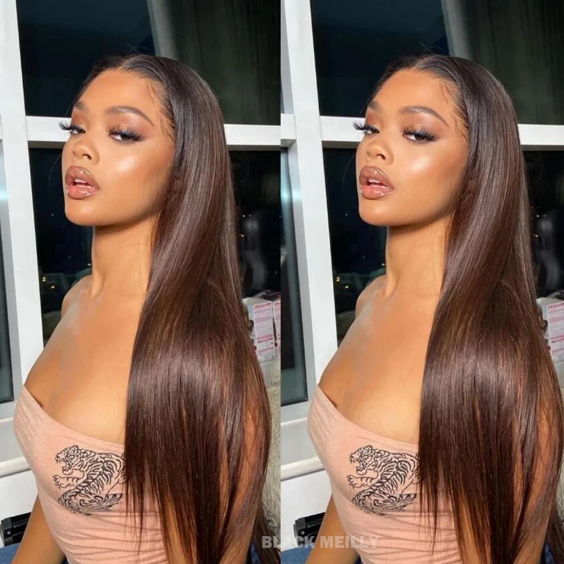 30 Inch Brown Straight Silk Base Wigs With Baby Hair Malaysian 5x5 Silk Base Closure Human Wigs Dark Brown Color For Women