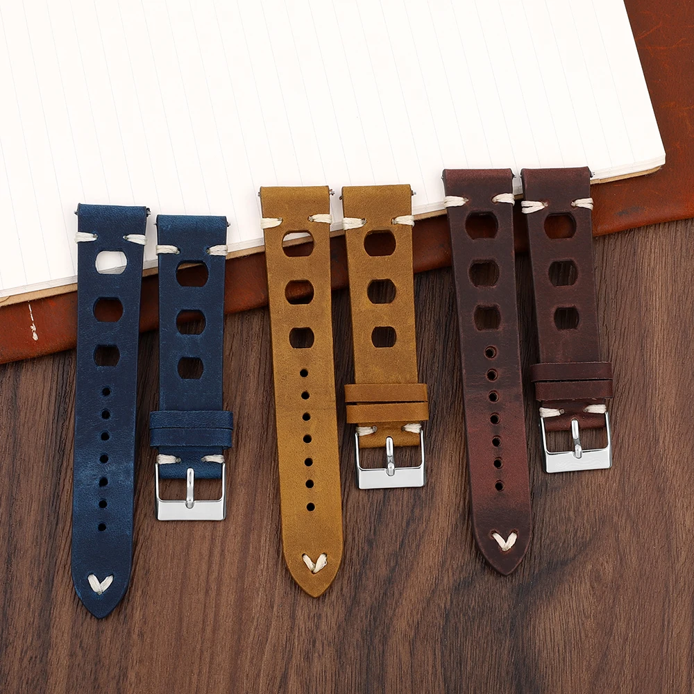 

Retro Crazy Horse Leather Watchband 18mm 19mm 20mm 22mm Three Hole Watch Strap Real Leather Quick Release Bracelets Wristband