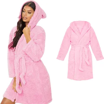 Women Winter Fleece Night Robe Plush Cute Animal Ears Hooded Nightgown Long Sleeve Lace-Up Bathrobe Pajamas Sleepwear