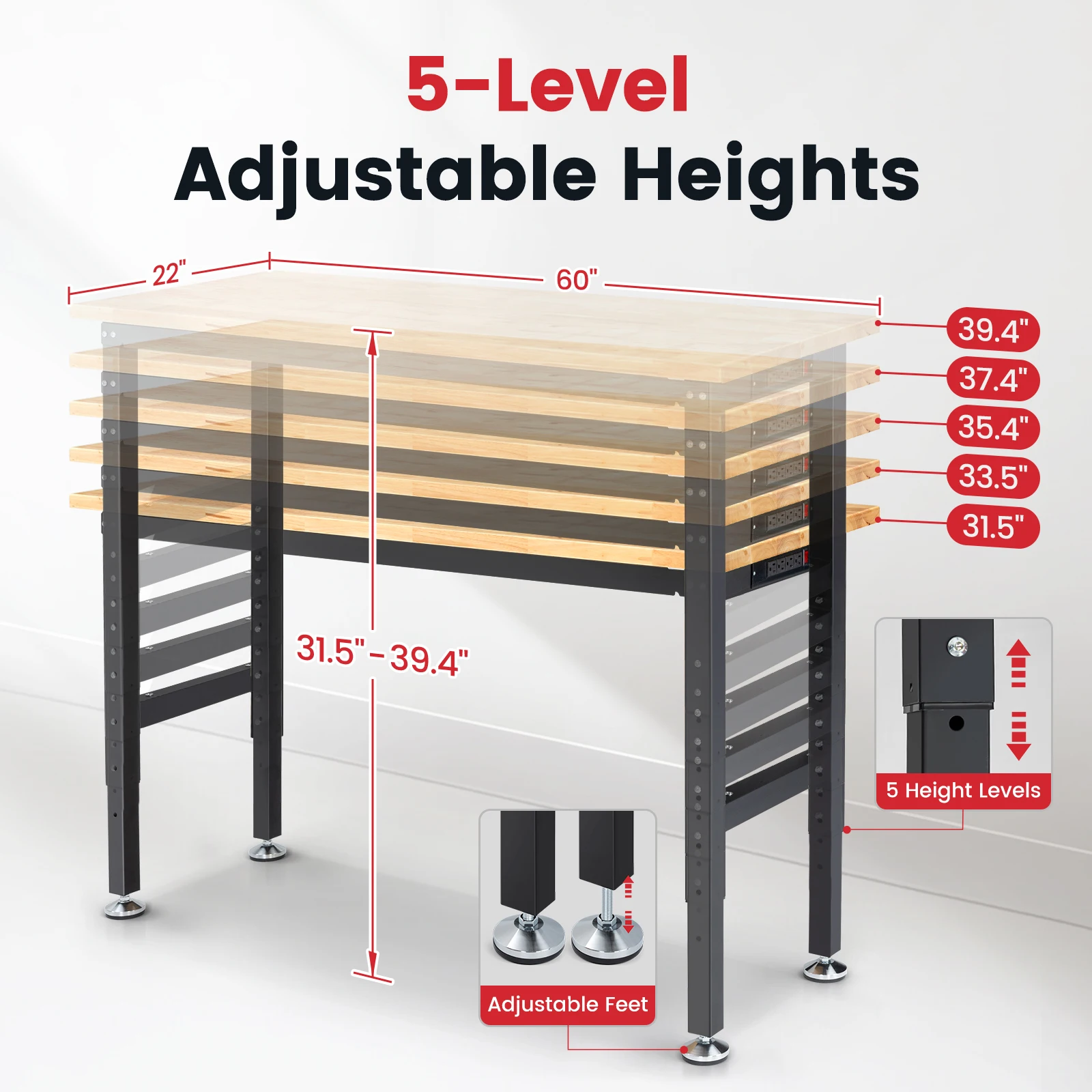 Adjustable Height Wood Workbench Table with Power Outlet