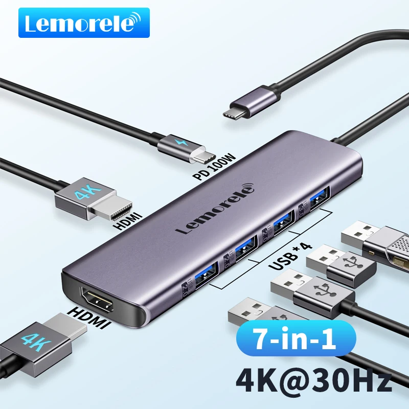 Lemorele 7-in-1-USB-Hub Typ C USB-Dockingstation USB 3.0-Hub 4K HDMI 100 W PD Multi-Splitter-Adapter für MacBook Windows iOS
