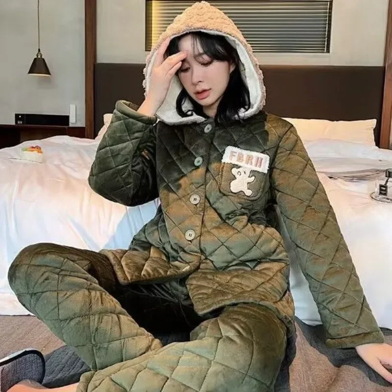 Couple Pajamas Women Winter Three Layers Cotton Coral Velvet Plush Nighty Thickening Warmth Men Home Wear Two-piece Set Outdoor