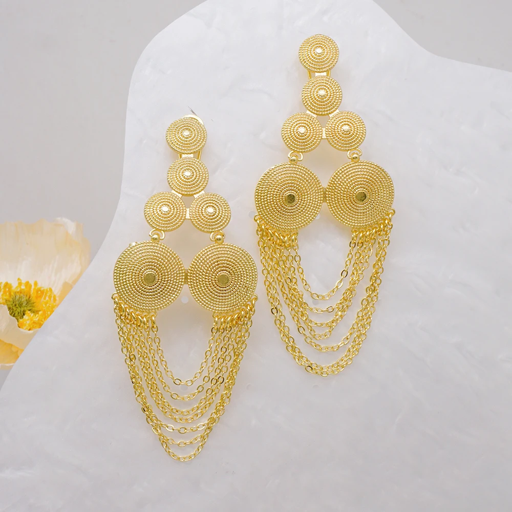 African Dubai Gold Color Luxury Large Drop Earring For Wedding Party Jewelry Arabic Indian Copper Long Earrings Tassel Pendant