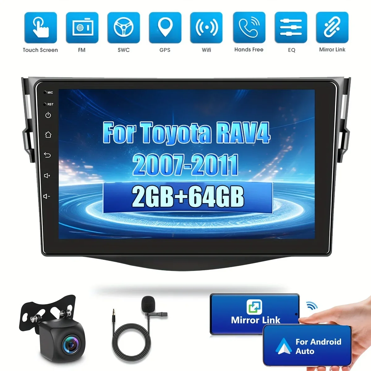 

Enhanced [2+64G] Car Radio 9'' HD 2.5D Touch Screen Wireless Carplayer for RAV4 2007-2011, featuring Android Auto, Car MP5 Playe