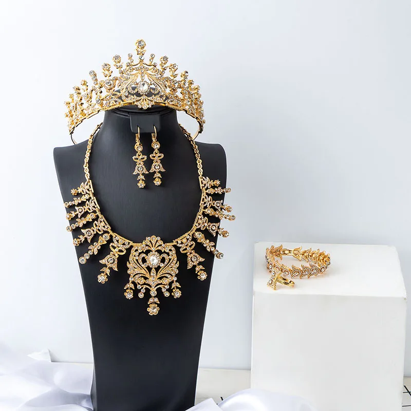 

Luxury Wedding Bridal Jewelry Set Hand Inlay Rhinestones Retro Court Style Necklace Earrings Bracelet Ring Crown Bijou