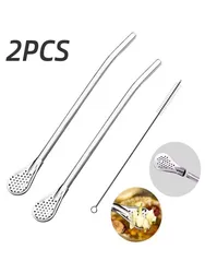 Detachable Stainless Steel Straw Spoon with Tea Filter - Reusable Bar Accessory (Set of 2) (2 straw 1 brush)