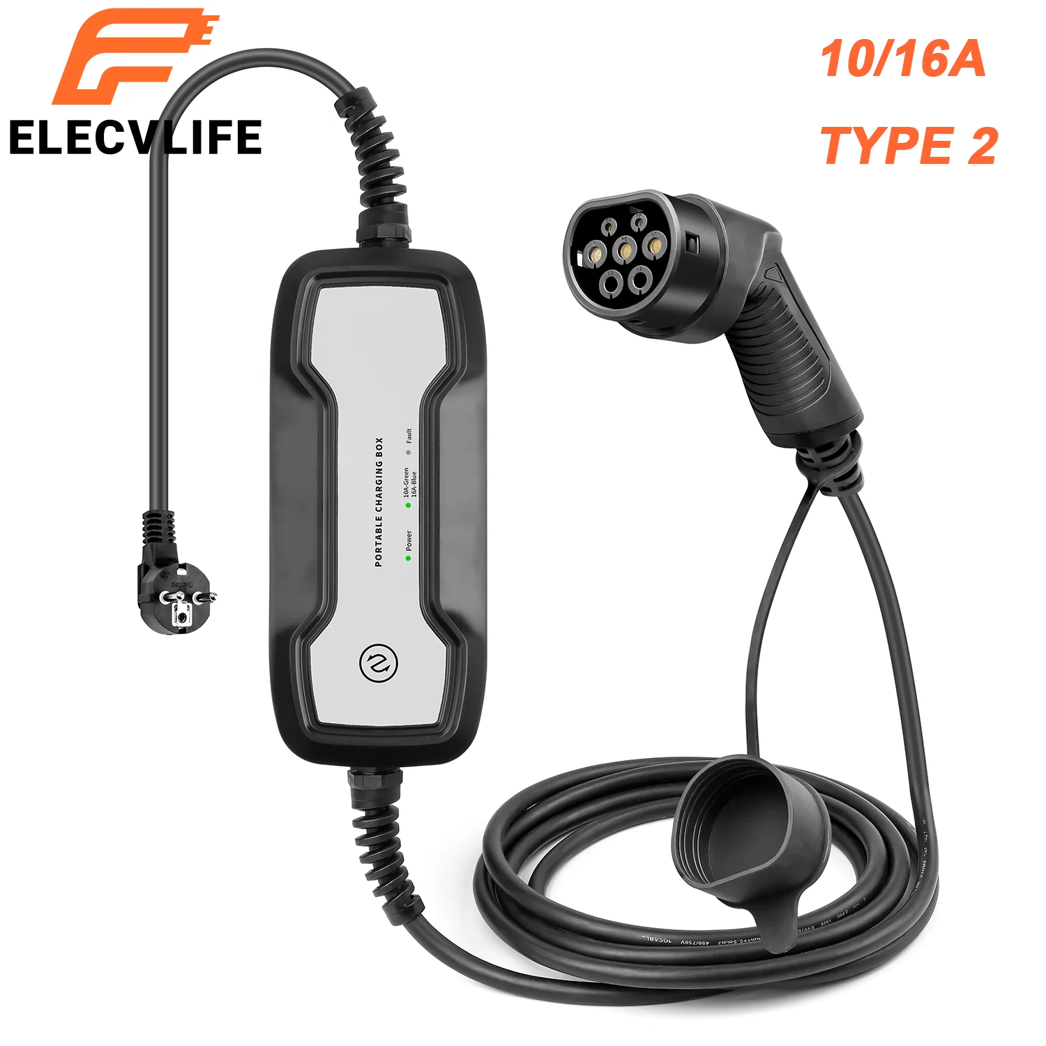 EV Home charging cable, Type 2 to Schuko plug, 10/16 Amp