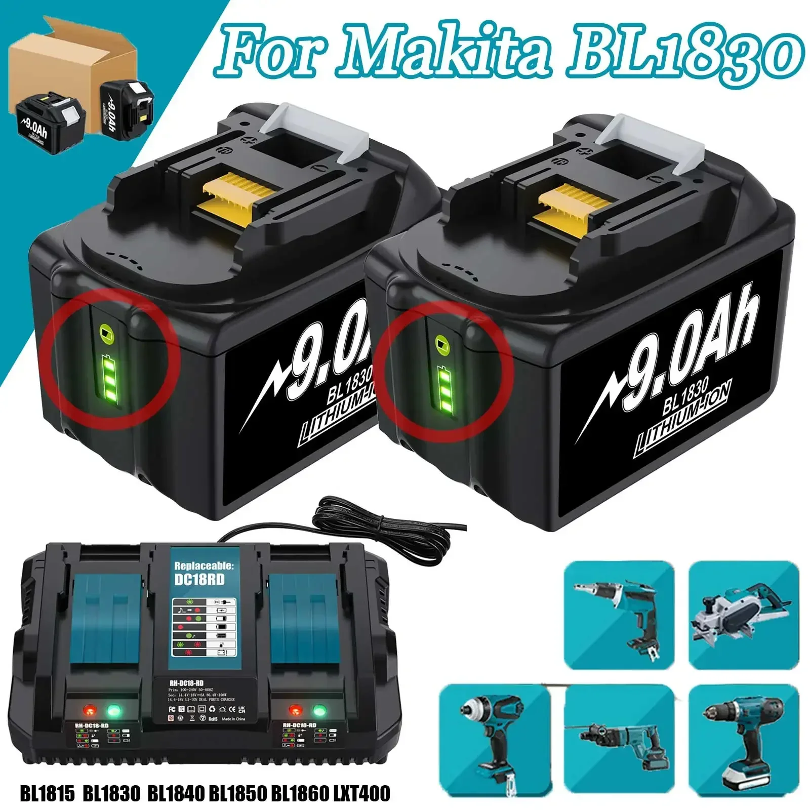 

Batería recargable iones litio para Makita, pila 18V, 9000MAH, BL1850, BL1850B, BL1840, BL1840B, BL1830, BL1830B