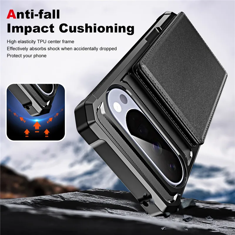 Heavy Duty Armor Leather Card Holder Wallet Case with Magnetic Wireless Charging Compatibility