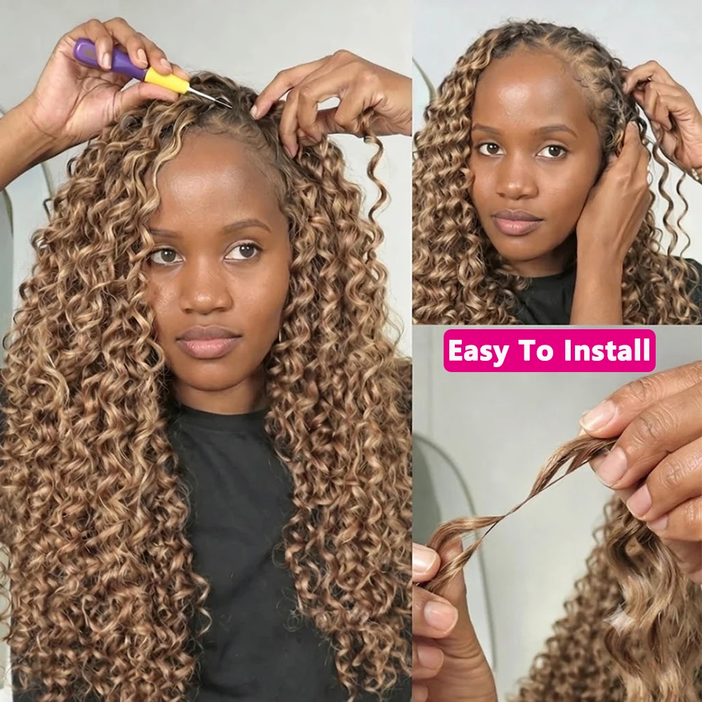 # 27 Ciocche di Capelli Umani Ricci a Onda Profonda Biondo Miele con Nodi Miracolosi per Trecce Boho, Extension per Capelli all'Uncinetto 100% Umani - immagine 5