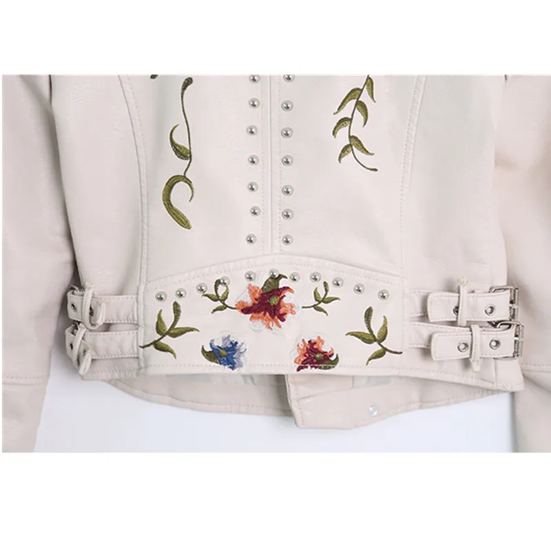 New Women Retro Floral Print Embroidery Faux Soft Leather Jacket Coat Turndown Collar Pu Biker Black Rivet Punk Outerwear A1008
