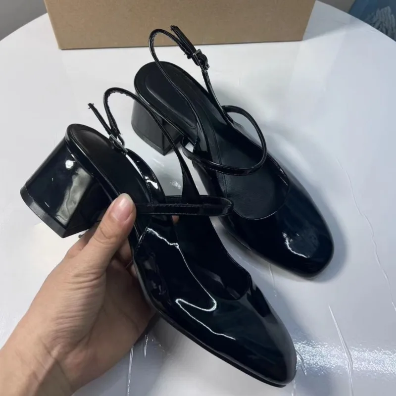 Woman Chunky High Heels Sandals Round Toe Patent Leather Summer Slingbacks Mary Janes Shoes