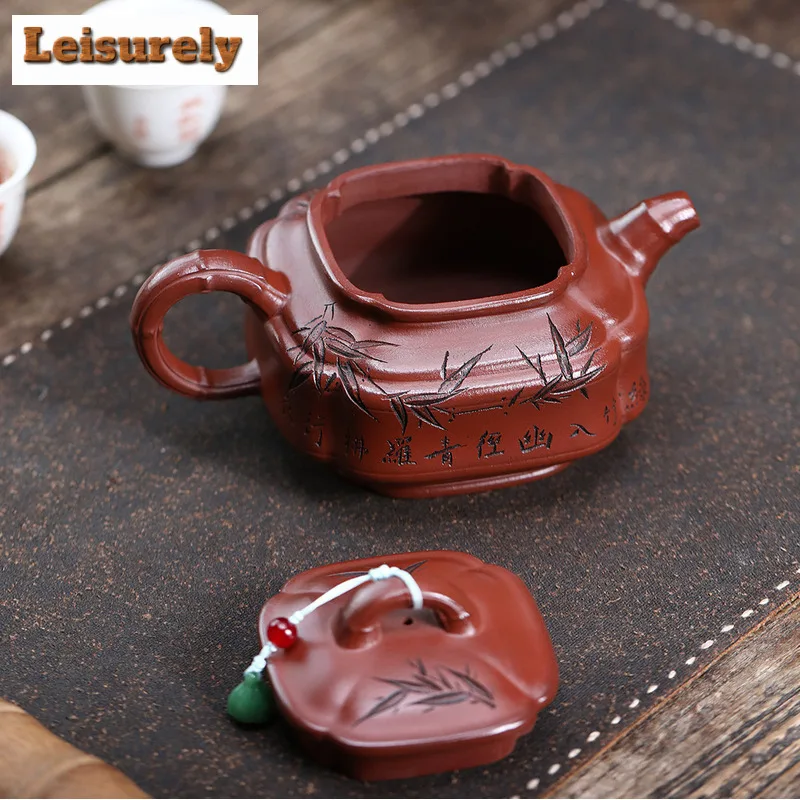 400ml Traditional Yixing Purple Clay Teapots Handmade Square Bamboo Tripod Pot Raw Ore Zhu Mud Kettle Chinese Zisha Teaset Gift