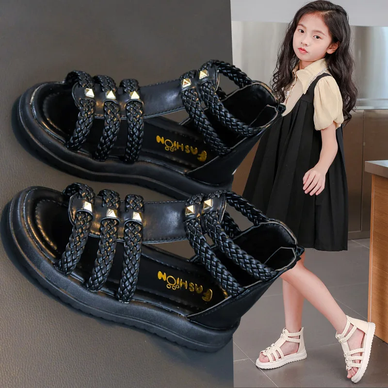 Kids Summer Sandals for Girls 2025 New Versatile Korean Style PU Soft Non-slip Flat Casual Weave Gladiator Sandals Princess Soft