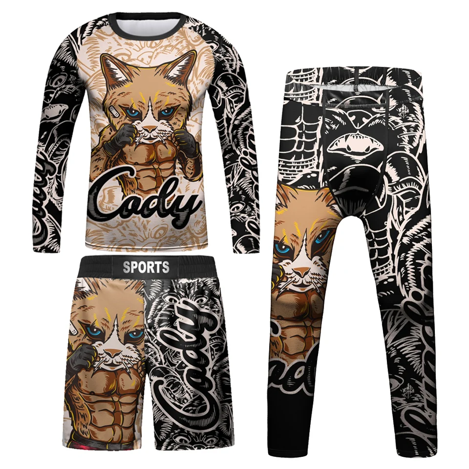 Kids Bjj Rashguard Jiu  T-shirt+Pant KickBoxing Sets Boy Gym Children Muay Thai Shorts MMA Clothing Compression Tights 2